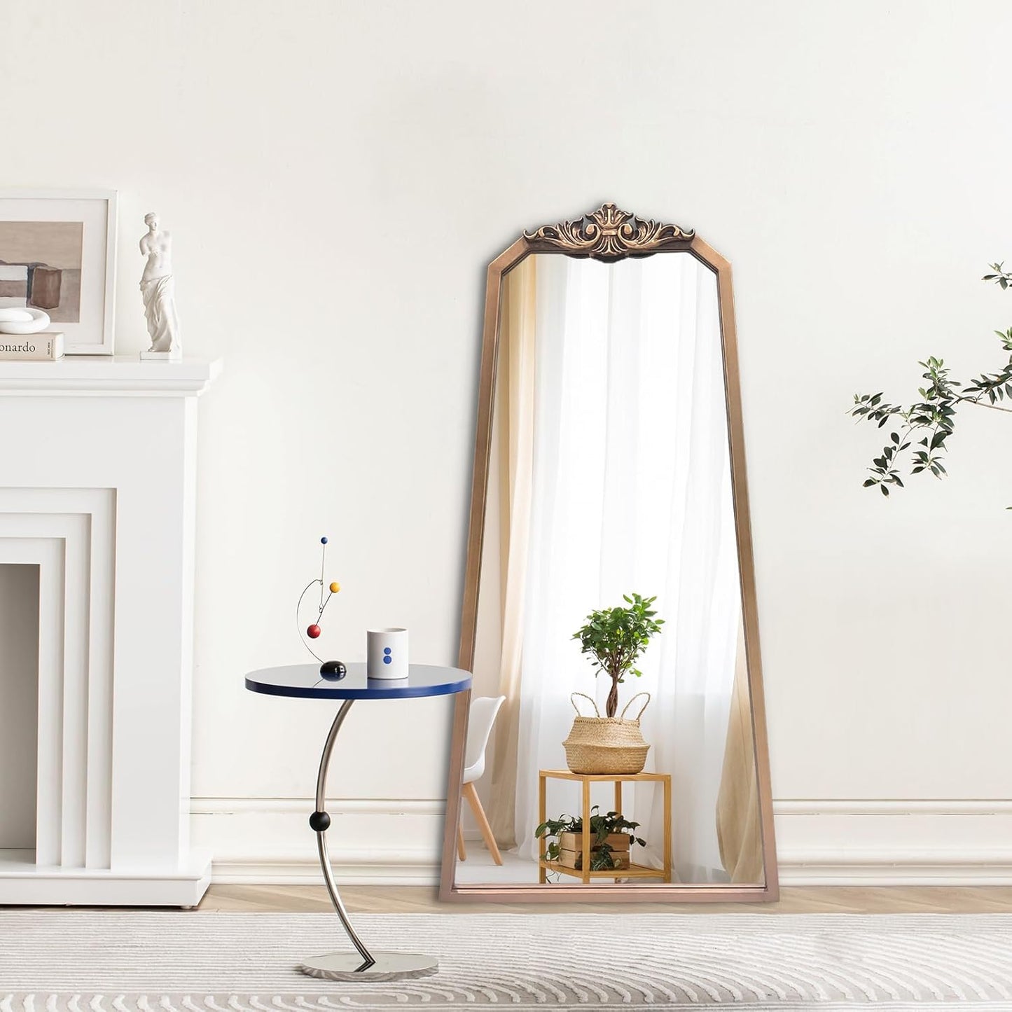 POZINO Brass Vintage Mirror,47.2"x 24" Arched Decorative Wall Mirror with Metal Frame, Ornate Gold Crown Molding, Traditional Antique Trapezoid Mirrors for Entryway Fireplace Living Room Bathroom
