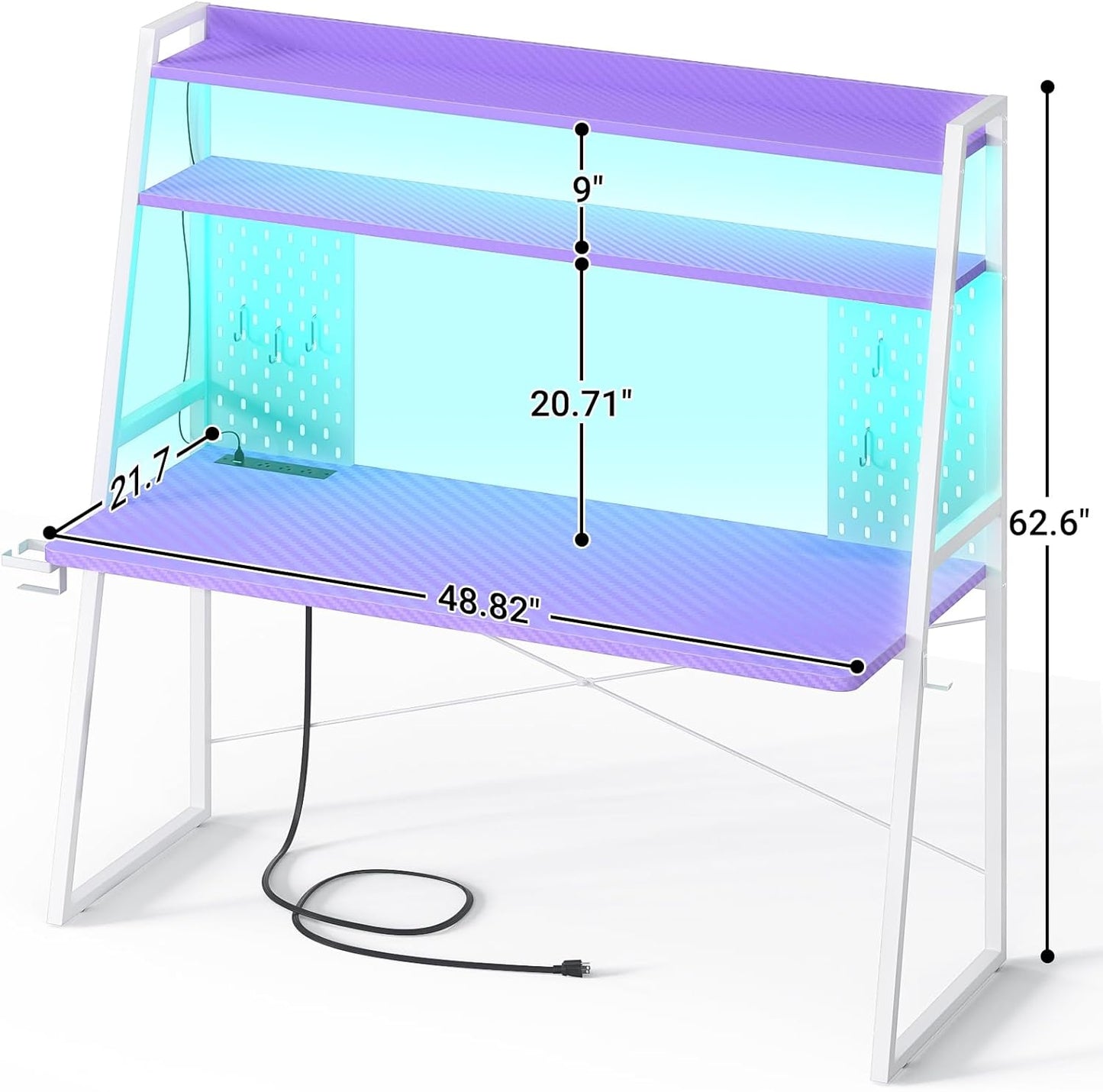 Gaming Desk with Hutch and LED Lights, Gaming Computer Desk with Power Outlets, Gamer Desk with Storage Shelves, PC Gamings Desk with Pegboards for Bedroom, Carbon Fiber Purple, 49"