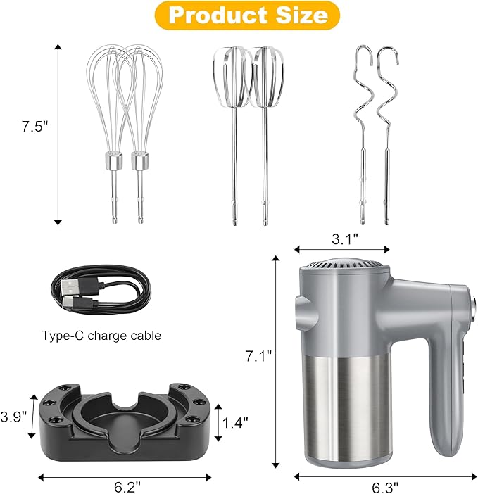Cordless Hand Mixer, Electric Mixer Handheld Digital Display 7 Speed Rechargeable with 6 Stainless Steel Attachments Whisks Beaters Dough Hooks & Storage Base, Blender for Baking, Eggs, Silver