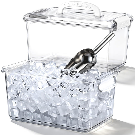 Teecyhooo 2 Set Ice Bin and Metal Scoop Set, Plastic Freezer Ice Bin with Lid, Clear Storage Bucket Plastic Containers Food Scoops for Cocktail Freezer Bar Party Barbeque Camping