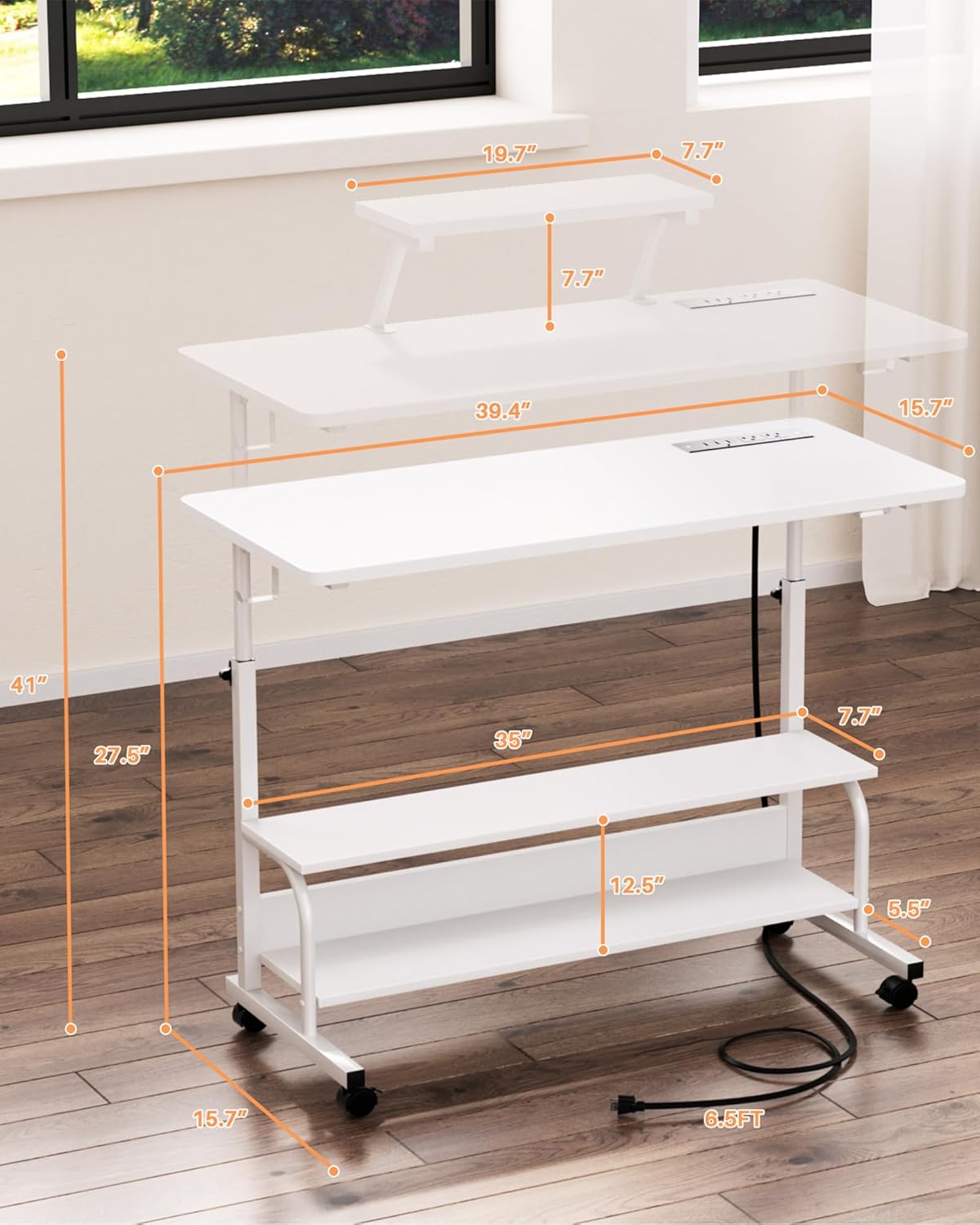 Height Adjustable Standing Desk with Power Outlets and LED Lights - 39" Manual Stand Up Desk with Monitor Stand and Storage Shelves Small Mobile Rolling Computer Desk Portable Laptop Table, White