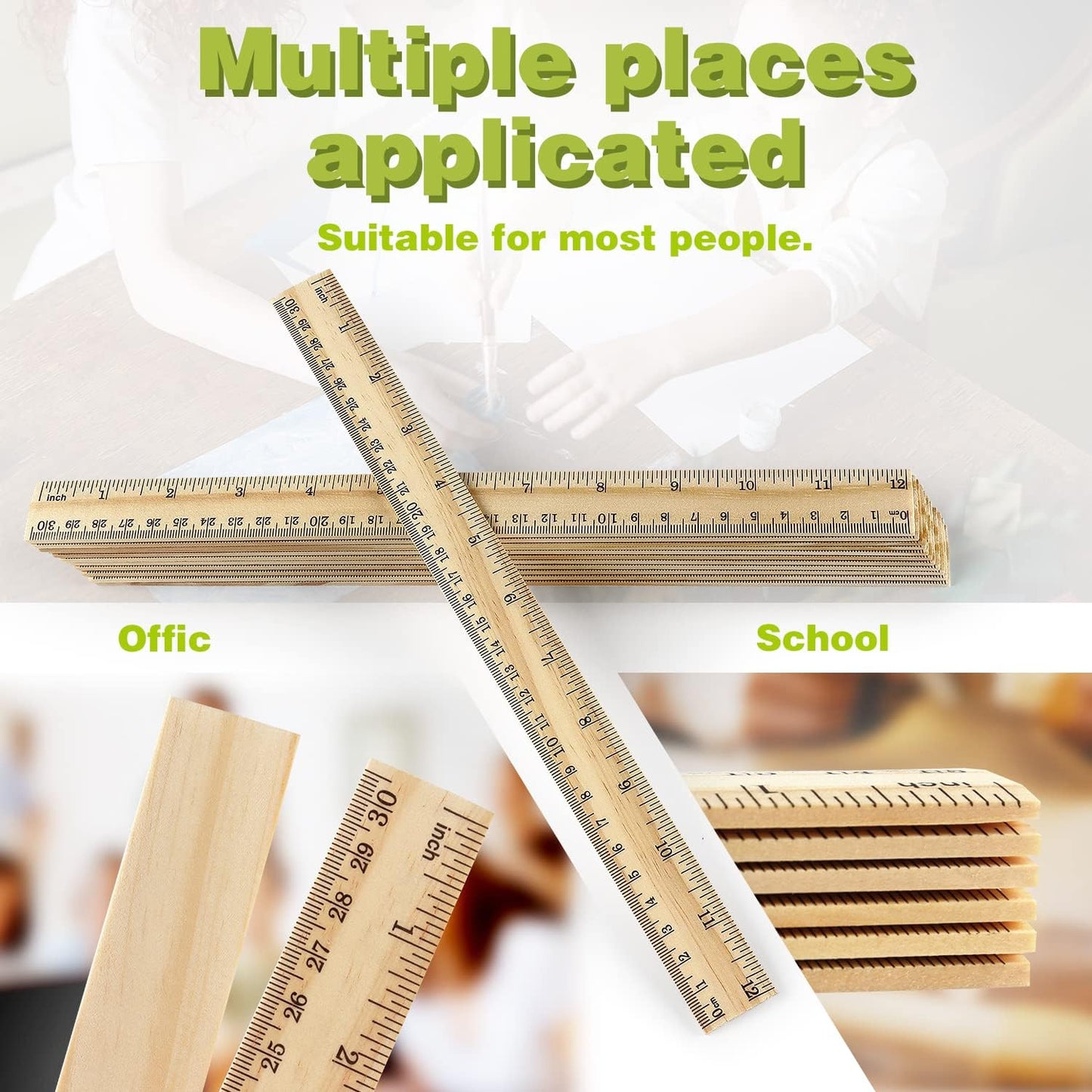 ZZTX 3 Pack Wooden Ruler 12 Inch Rulers Bulk Wood Measuring Ruler for Students Office School Supplies 2 Scale (30 cm)