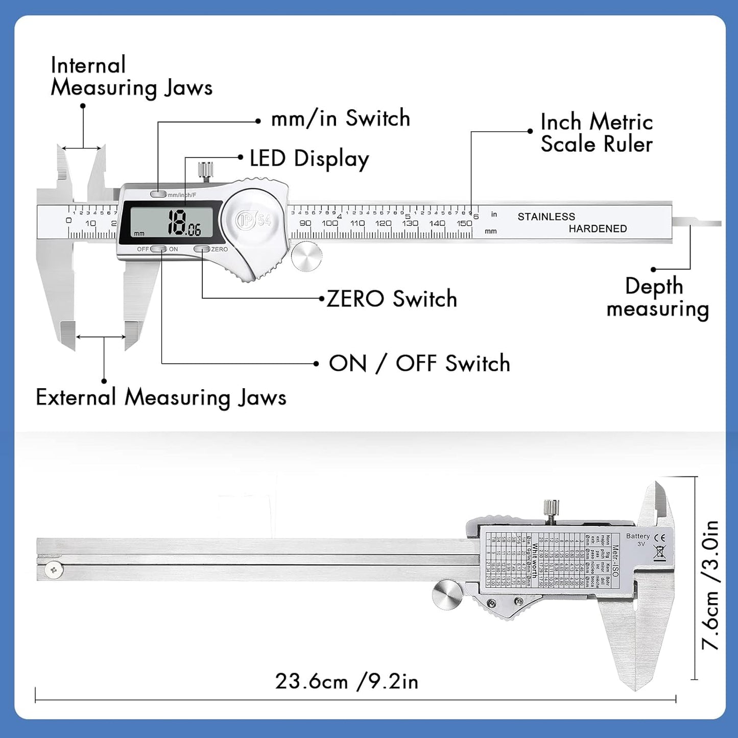 Electronic Digital Calipers, inch and Millimeter Conversion,LCD Screen displays 0-6" Caliper Measuring Tool, Automatic Shutdown, Suitable for DIY/Jewelry Measurement (150mm inch/mm/Fraction)