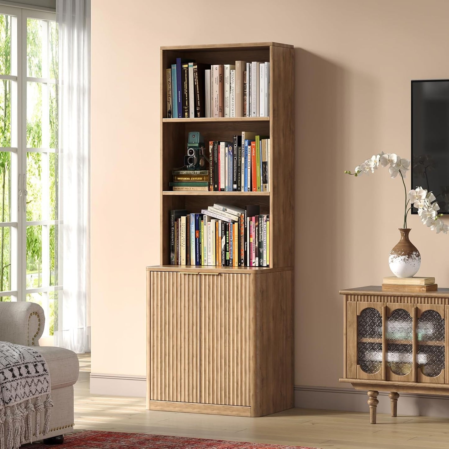 71" Oak Bookcase with Doors, 5-Tier Fluted Tall Bookshelf with Storage, Librero with Cabinet for Home Office, Living Room,or Bedroom