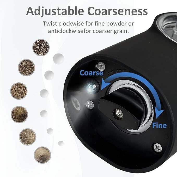 Electric Salt and Pepper Grinder Set, Rechargeable, 6 Adjustable Coarseness with LED Light, Electric Salt and Pepper Shakers Refillable(2 Packs, Black)