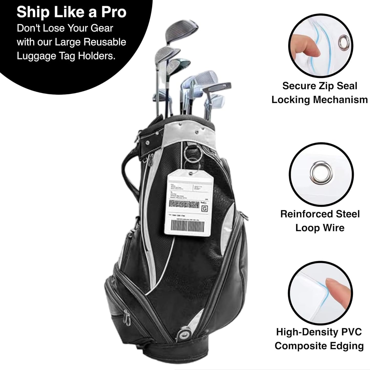 Golf Bag Luggage Tag - Extra Large 9" x 6", Waterproof Plastic Zipper Pouch, PVC Tags - Sealable Label Holder (4)