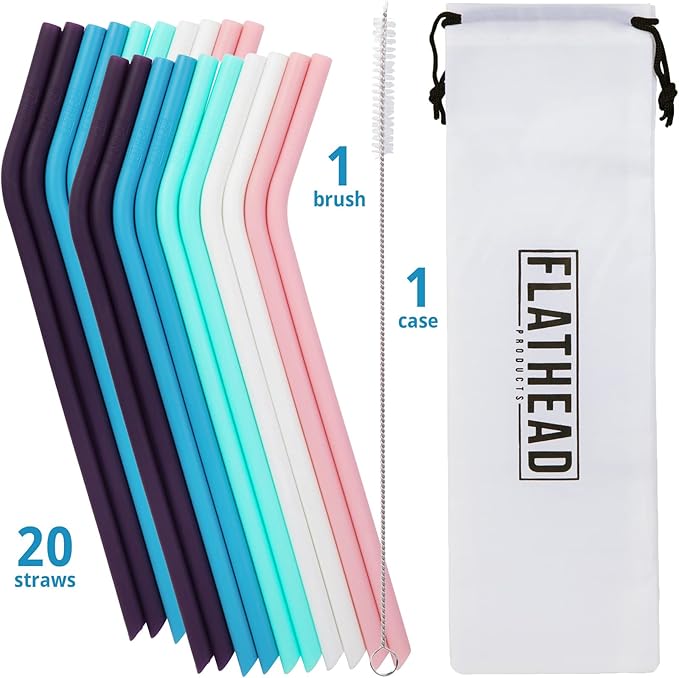 Reusable Silicone Straws - 20 Pack + Cleaning Brush, Dishwasher Safe, Compatible with 30oz & 20oz Tumblers