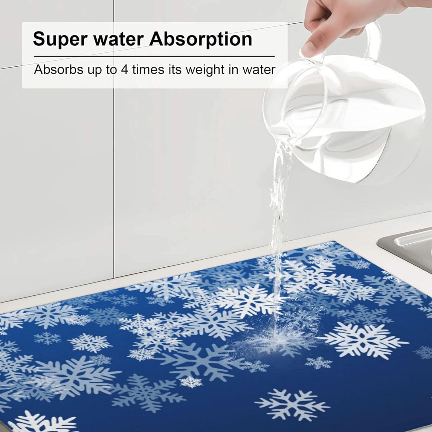 Dish Drying Mat Snowflake Blue Winter Christmas for Kitchen Counter Absorbent 18x24 Inch Microfiber Dishes Plate Glass Dry Draining Pad Reversible Washable