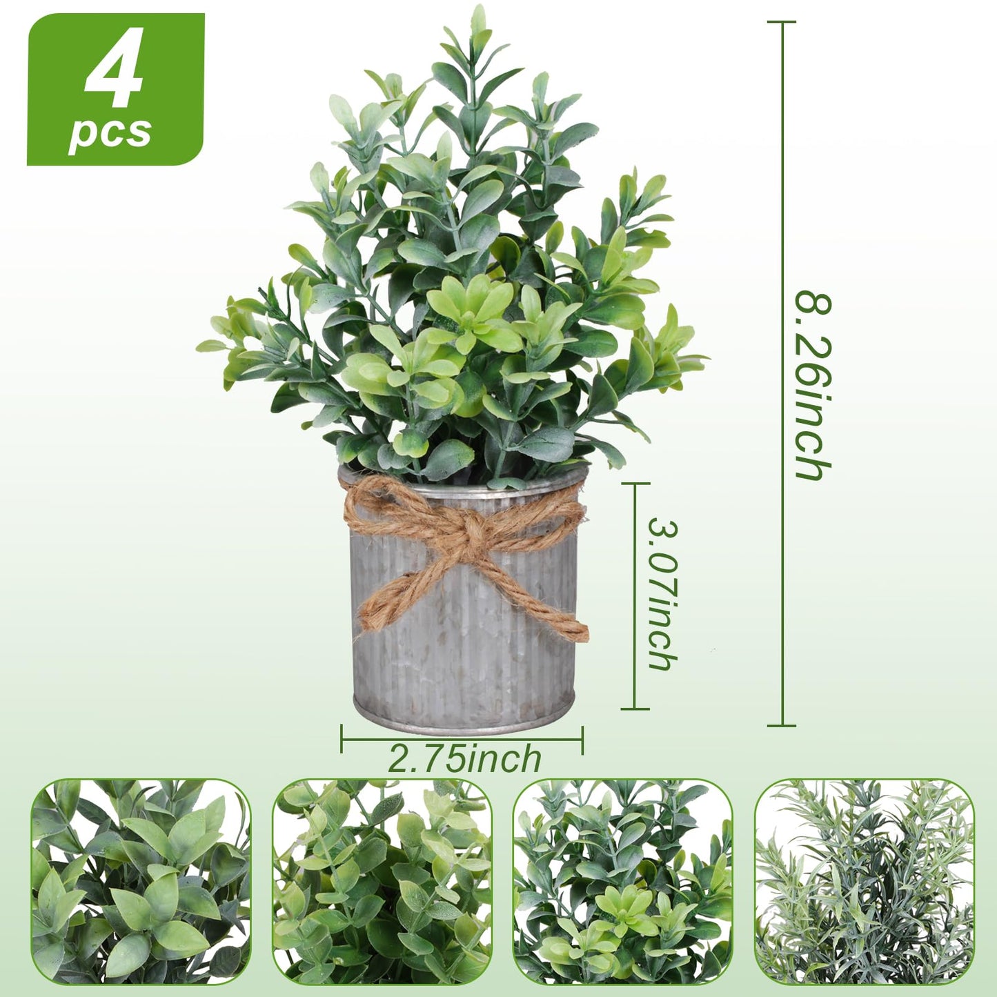 Yoratee Small Artificial Plants Set of 4 Fake Potted Plant with Iron Pot Mini Greenery Decor for Indoor Home Porch Garden Bathroom Décor