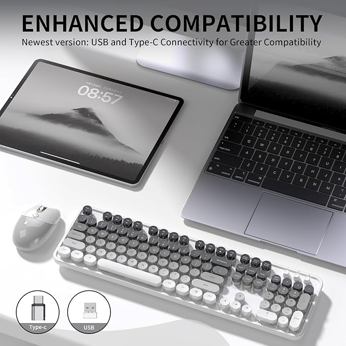Creamy Wireless Keyboard and Mouse, MOFII 104 Round Keycaps Retro Typewriter with OTG & Brush, Full-Size Ergonomic, Ideal for Windows PC, Home, Office and College Gray White