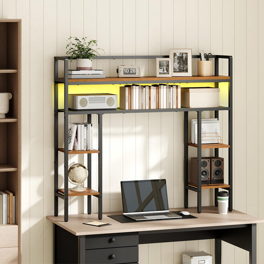 MAHANCRIS Desk Shelf, 43.3" Desk Hutch with Light Strip, Office Desktop Organizer, 5 Tier Desktop Bookshelf for Computer Monitor, Storage Rack for Study, Home Office, Rustic Brown DSHR9801