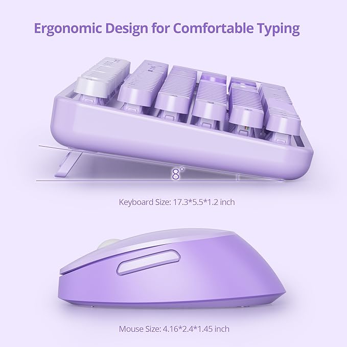 Wireless Keyboard and Mouse Set, Retro Typewriter Keyboards, 2.4GHz Full Size 104-Key Cute Keyboard with Number Pad, Colorful Keyboard with Round Keycaps for Windows PC Laptop(Purple)