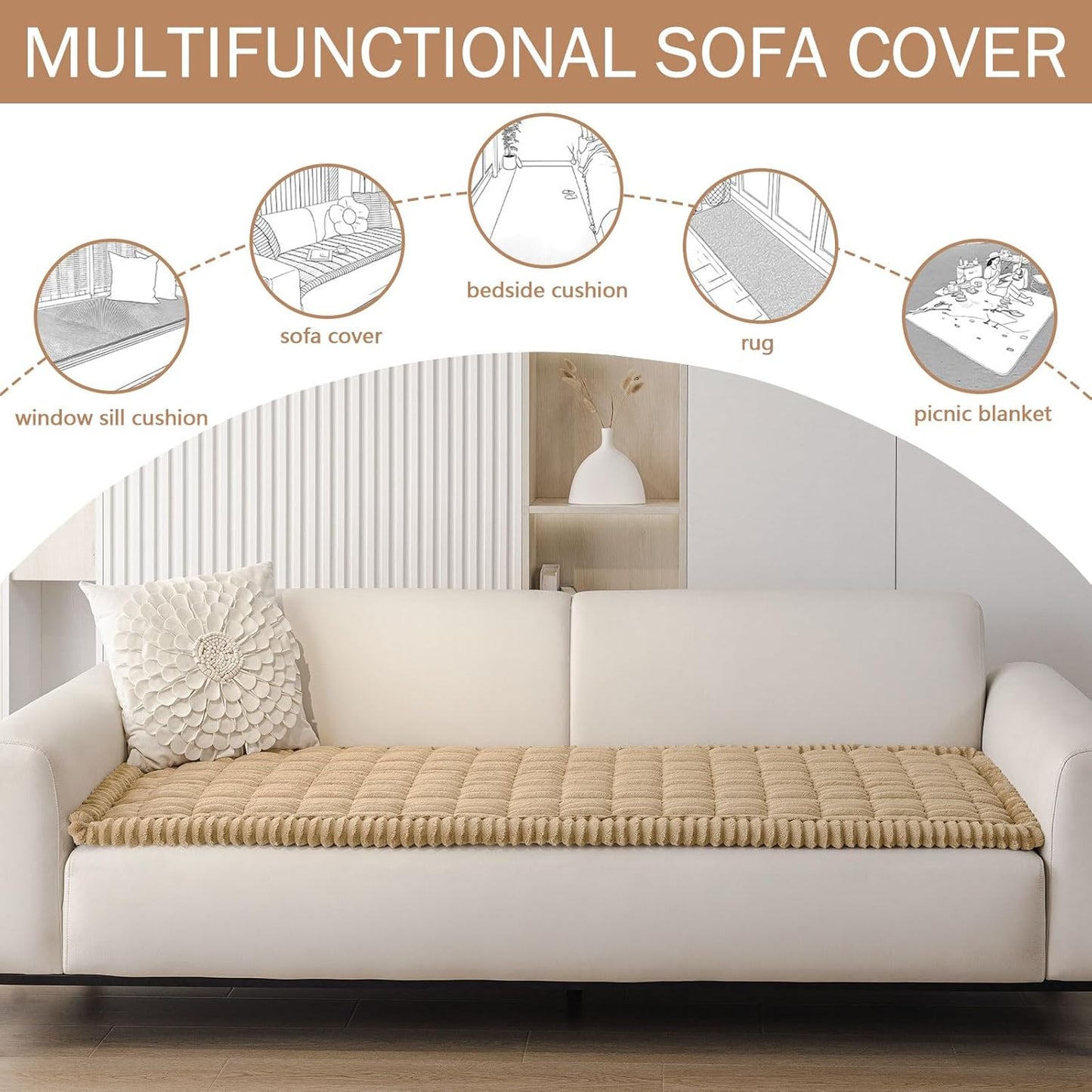Smiry Couch Cover for Dogs Washable, Non Slip Fuzzy Pet Couch Covers for 3 Cushion Sofa Pet Friendly, Thick Soft Sofa Slipcovers Cushion Protector (Camel, 27.6" x 59")