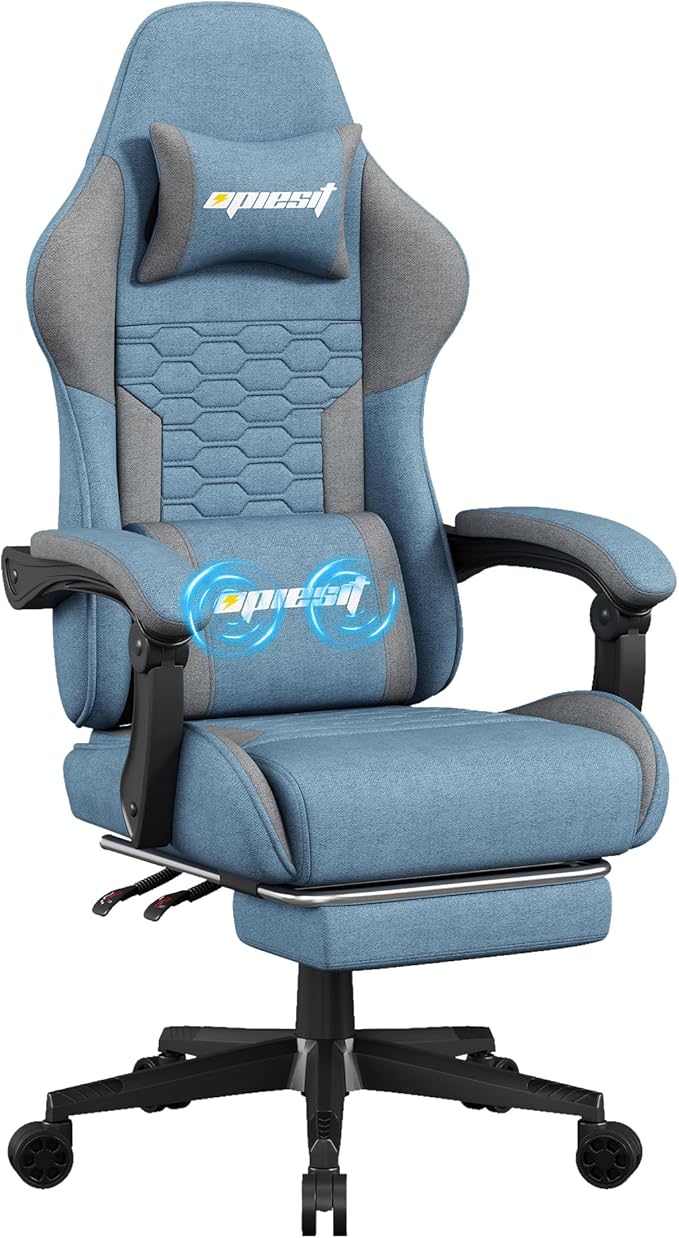 Gaming Chair, Fabric Computer Chairs with Lumbar Support and Massager, Ergonomic Office Chair with Footrest & Pocket Spring Cushion, Bearing 400 LBS（Blue）