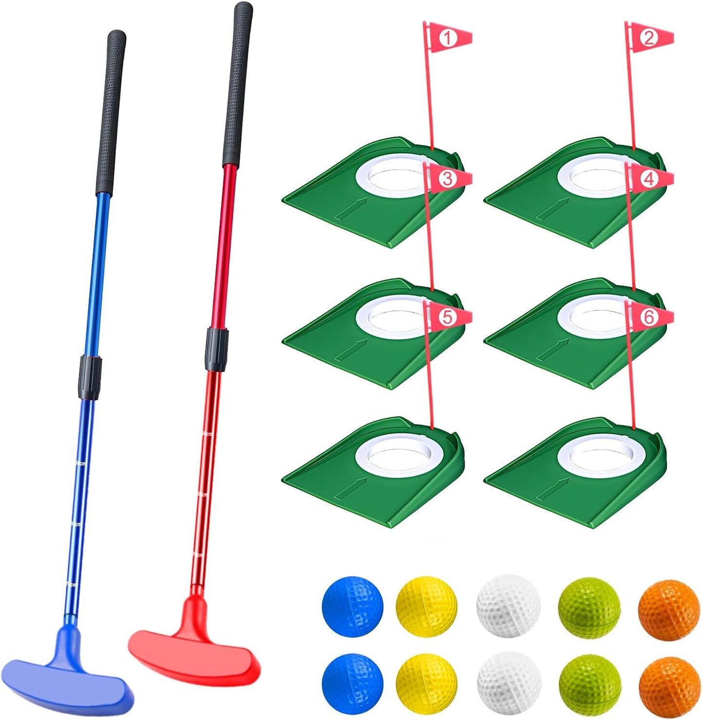 Mini Putting Set, Build Your Own Course at Home, The Office or On The Green, Includes 6 Pack Golf Putting Cups with Flags, 2 Pack Mini Golf Clubs and 10 Pack Foam Golf Balls