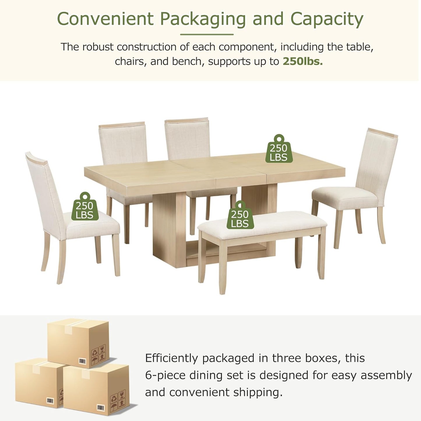 Ball & Cast 6 Piece Dining Table Set with 4 Upholstered Chairs & 1 Bench,Wooden Living Room Furniture for 6 W/ 78" Rectangle Kitchen Desk,for Restaurant,Home Bistro,Natural+Beige