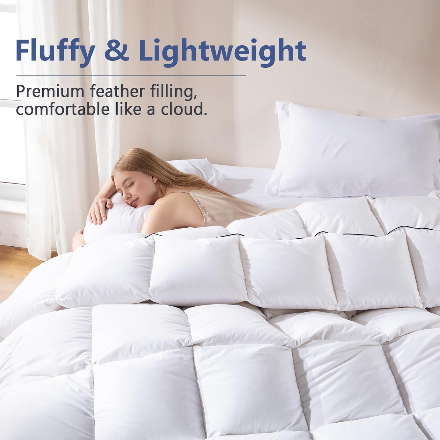 DOWNCOOL White Feather Comforter Full Size, Fluffy Duvet Insert Full with 100% Cotton Cover, All Season Luxurious Hotel Bed Comforter with Corner Tabs, 82 x 86 Inch
