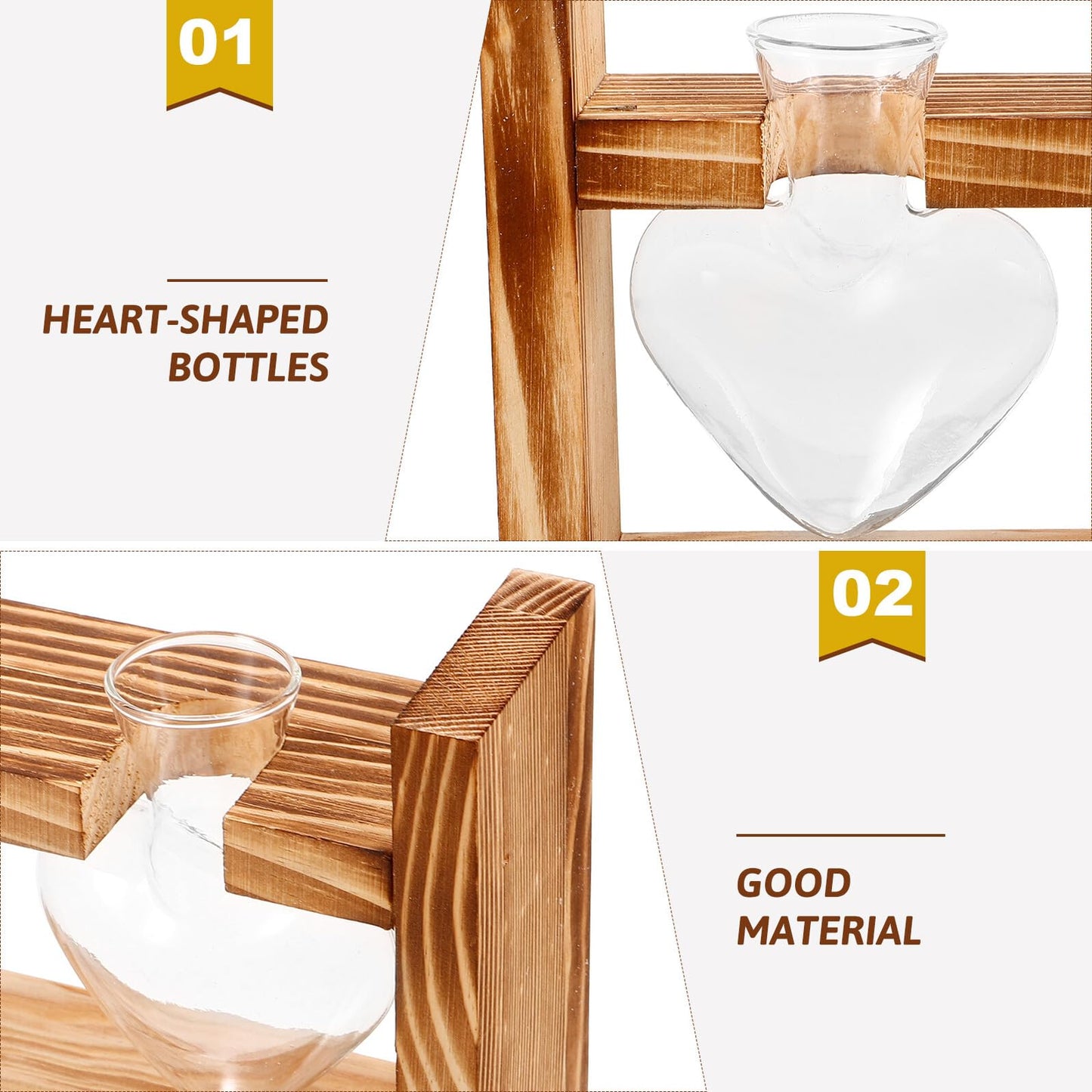 KESYOO Heart-Shaped Hydroponic Glass Planter Vase with Wooden Stand Glass Terrarium for Indoor Plants Home Décor Flower Pot Set with 2 Vases and Rustic Frame