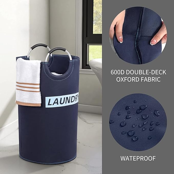 ZERO JET LAG 82L Large Laundry Basket Collapsible Fabric Hamper Tall Foldable Laundry Bag Handles Waterproof Washing Bin Clothes Travel Bathroom College Essentials Storage (Dark & Light Blue, L)