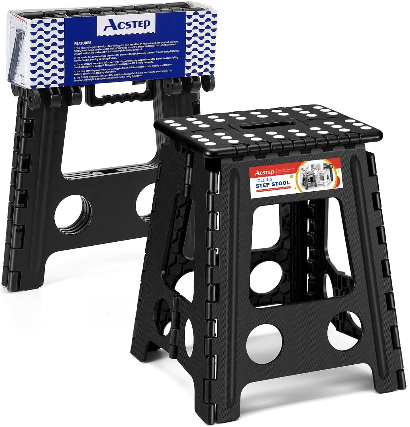 ACSTEP Folding Step Stool 16 Inch Heavy Duty Step Stool Foldable for Adults and Kids, Collapsible Stepping Stool with Handle, Non Slip Folding Stools for Kitchen Hold Up to 400lbs (Black 1PC)