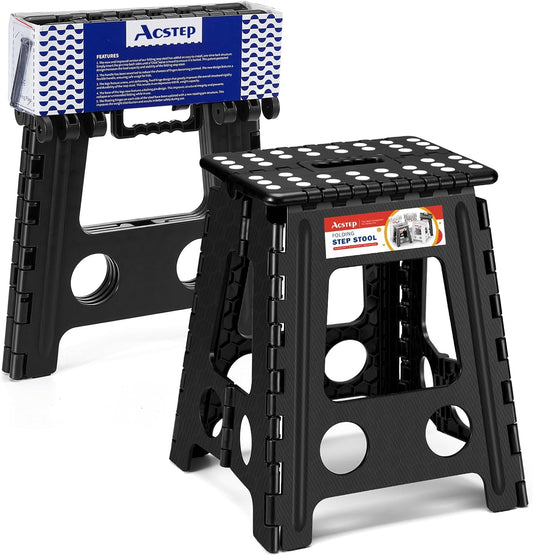 ACSTEP Folding Step Stool 16 Inch Heavy Duty Step Stool Foldable for Adults and Kids, Collapsible Stepping Stool with Handle, Non Slip Folding Stools for Kitchen Hold Up to 400lbs (Black 1PC)