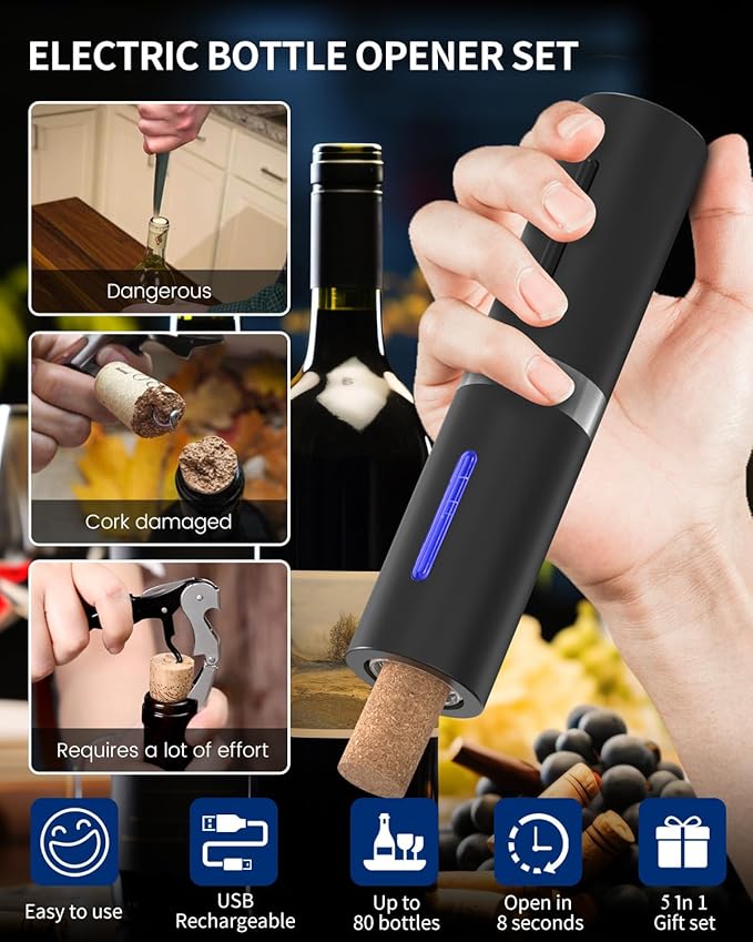 CIRCLE JOY Electric Wine Bottle Opener Set - Rechargeable Cordless Wine Corkscrew with Charging Base, Foil Cutter, Aerator Pourer and Stopper