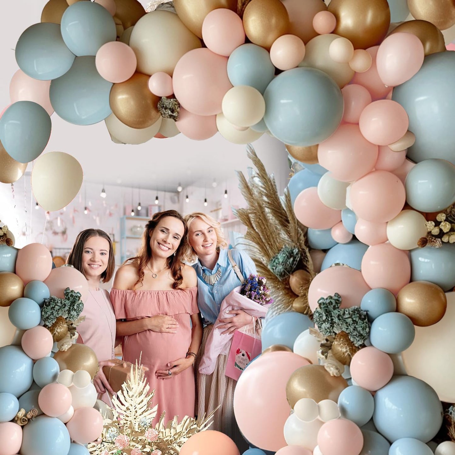 Gender Reveal Balloon Arch Kit, 144PCS Dusty Pink and Blue Balloons Chrome Gold Sand White Balloons for Boy or Girl Gender Reveal Boho Bachelorette Birthday Wedding Bridal Bear Theme Decorations