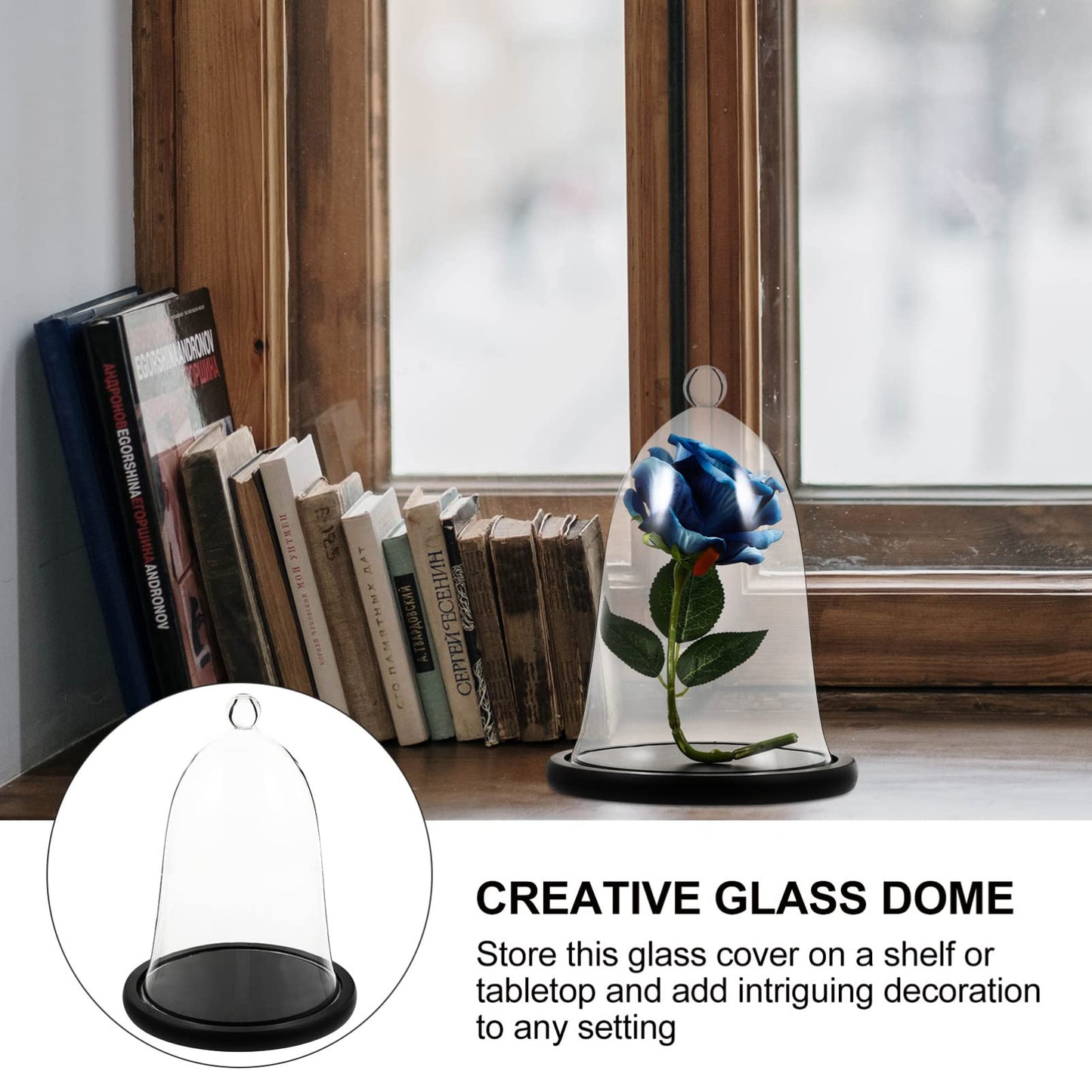 Cupcake Clear Glass Dome Cloche with Rustic Wooden Base Antique Bell Jar Display Dome for Plants Succulents Fairy Lights Photos Medals Decorative Fill and More Black Mini Cake Stand