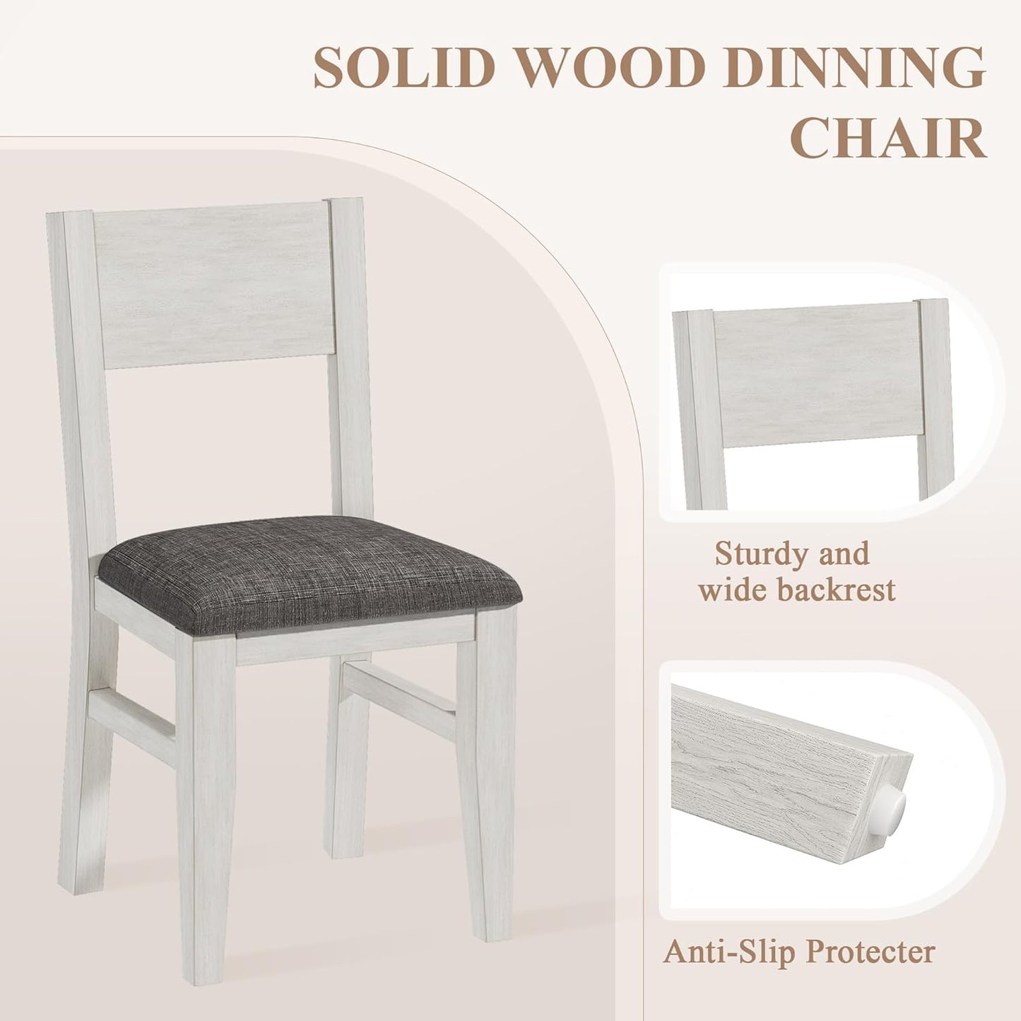 Solid Wood Dining Chairs Set of 4, Farmhouse Kitchen Chairs with Upholstered Cushion, Easy Assembly for Dining Room, Kitchen, Washed Gray