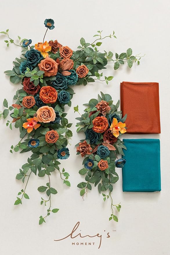 Ling's Moment Teal Orange Artificial Wedding Arch Flowers Kit Pack of 4, 2pcs Hanging Flower Arrangement 2pcs Chiffon Drapes Ceremony Reception Fake Rose Arbor Backdrop Floral Party Outdoor Decoration