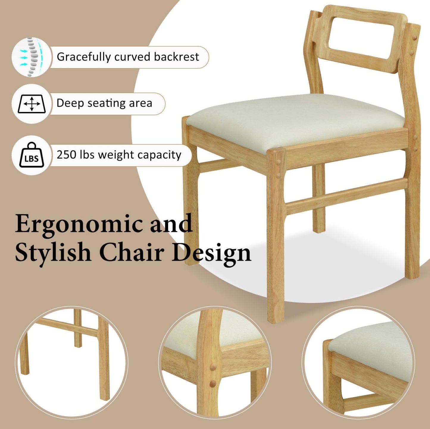 Drop Leaf Dining Table with Chairs Set of 4, 5-Piece Farmhouse Rectangular Dining Room Table with 4 Upholstered Solid Wood Chairs, Extendable Kitchen Tables for Small Place, Natural Rubber Wood