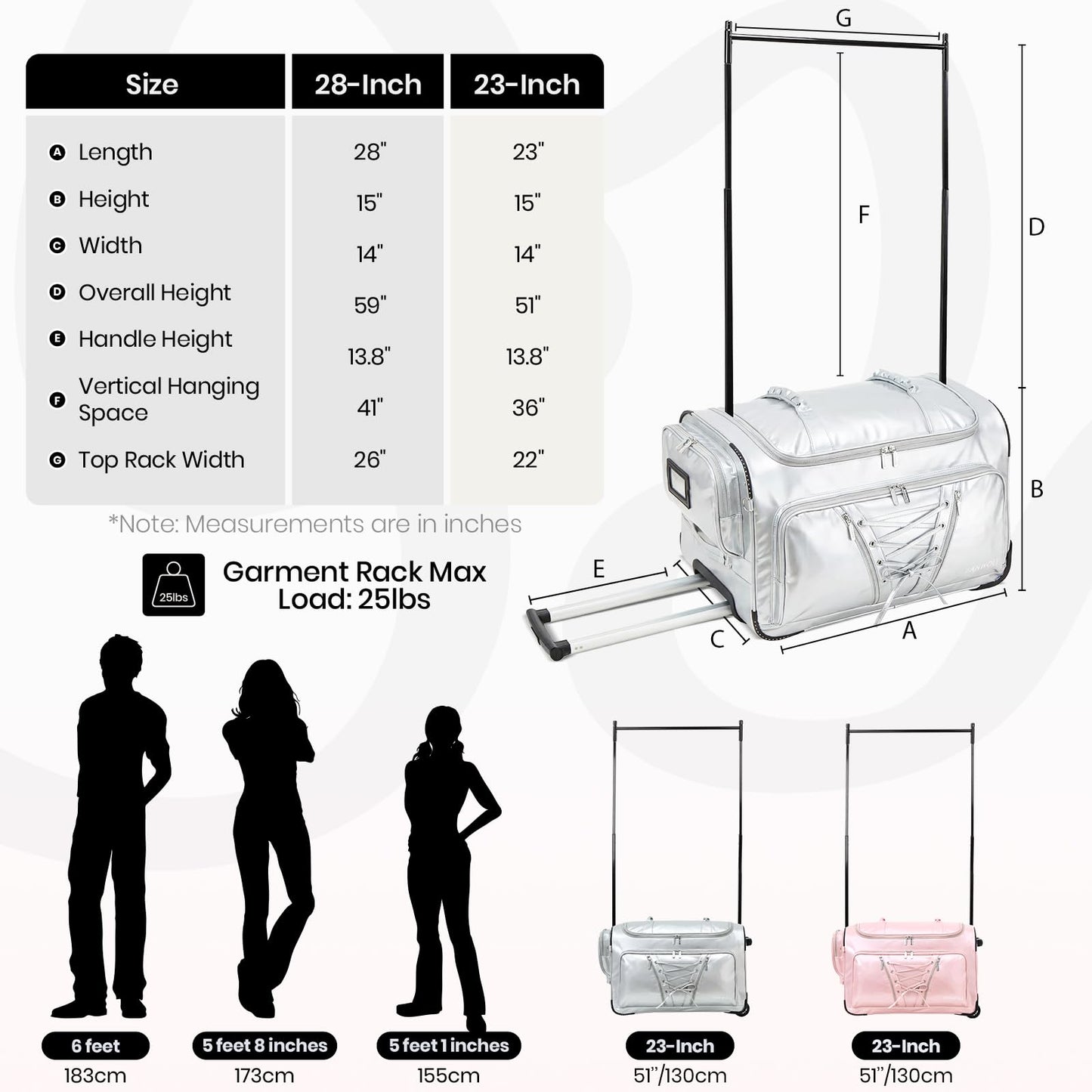 Fanwoli 23" Dance Bag with Garment Rack | Luminous Poise Collection | Waterproof Lustrous Satin Fabric | Competition Travel Duffel Luggage for Cheer, Skating, Gymnastics & Sleepover | Moonlight Silver