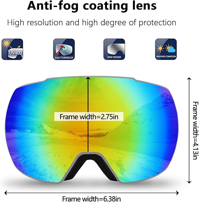 OULAIQI OTG Ski Goggles UV400 Anti-Fog Snowboard Glasses for Men Women Youth- Perfect for Skiing, Snowboarding,Winter Sports