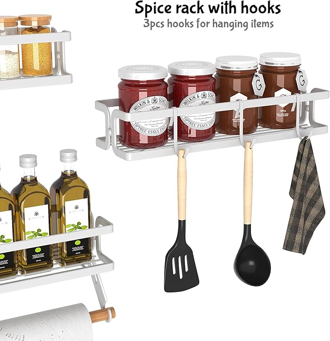 3 Pack Wall Mounted White Spice Rack With Paper Towel Holder and Hooks, Space Saving Adhesive Hanging Spice Rack for Spice Jars and Seasonings,Spice Racks Organizer for Cabinet,Pantry Door
