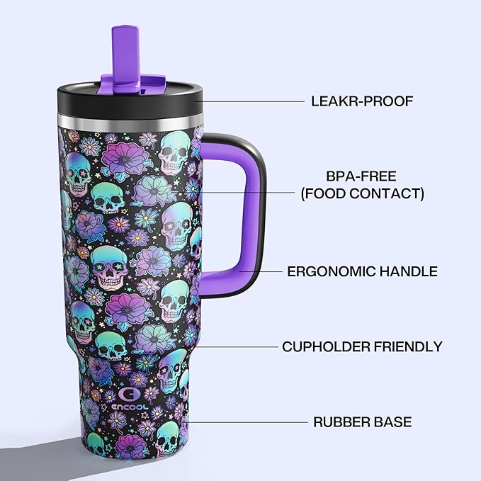ENCOOL 40 oz Tumbler with Handle and Straw: Stainless Steel Insulated Tumbler Keeps Cold for 24 Hours, Leakproof Travel Cup Fits in Cup Holder and BPA-Free, Floral Afterlife