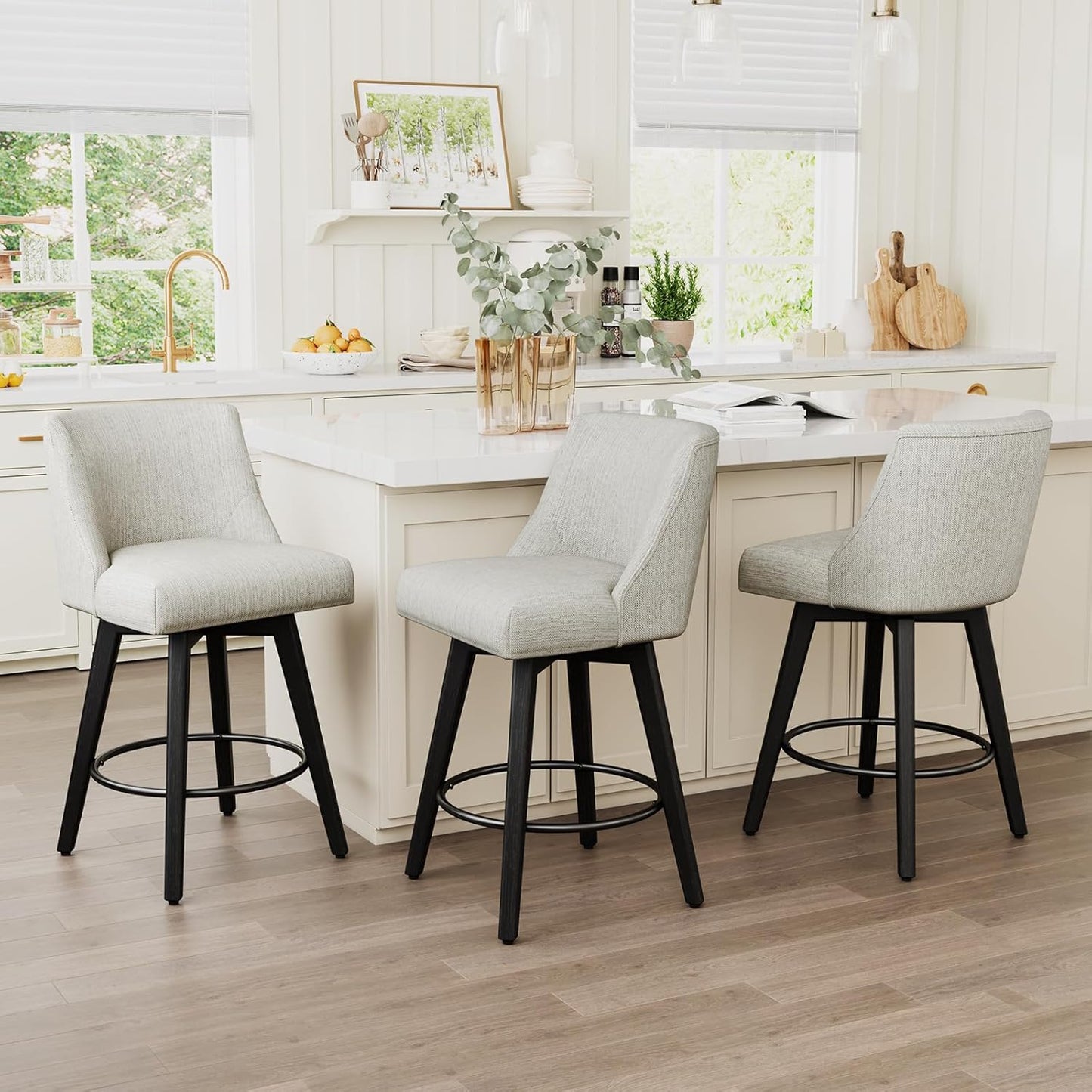 Vipbear Swivel Counter Height Bar Stools Set of 3,26.8" H Counter Stools with Back, Mid Century Modern Bar Stools for Kitchen Island,Linen Fabric,Wooden Base, White