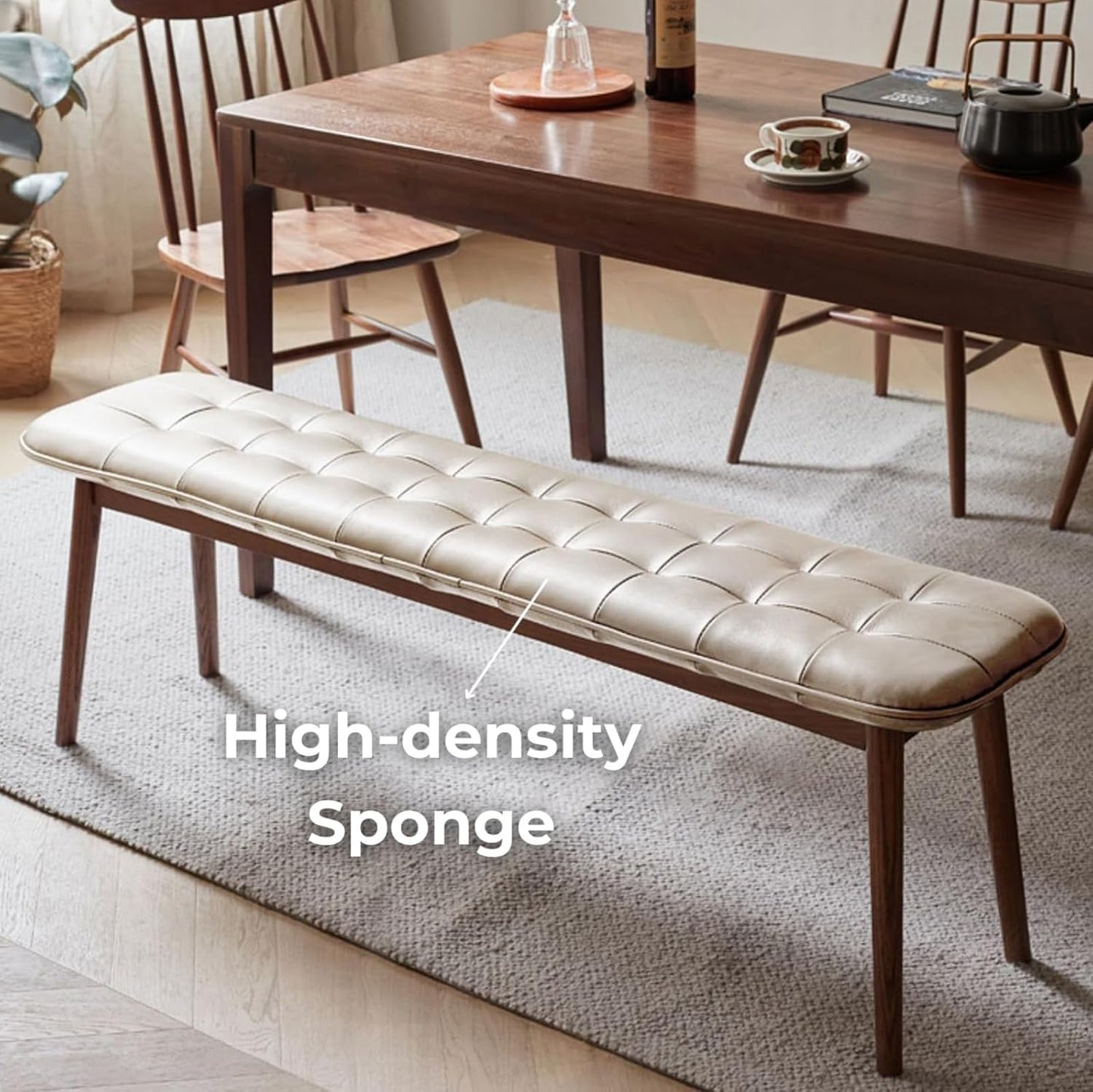 Upholstered Bench, 51.18 in Natural Oak Wood for Dining Table Bench for Living Room with Leather Cushion, End of Bed Footrest Stool Khaki