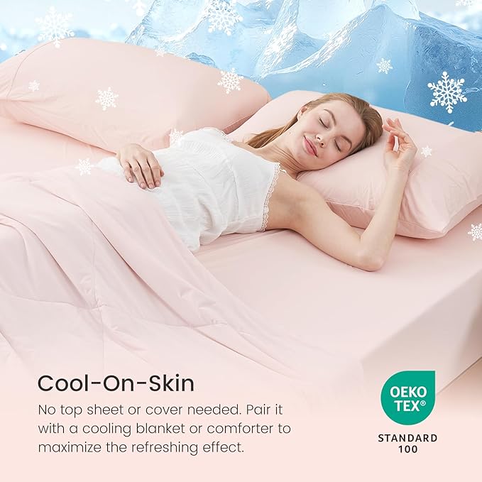 Cozy Bliss Premium Cooling Sheet Set Queen Size, Q-Max>0.4, 3PCS No Flat Sheet with 2 Pillowcases, Breathable Fitted Sheet for Hot Sleepers & Night Sweats, Deep Pocket Up to 18 Inches, Pink