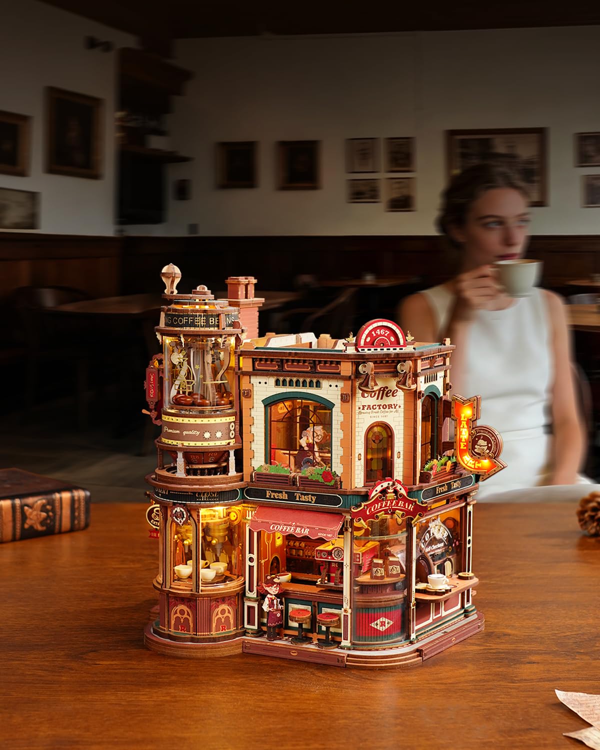 ROKR Moving Dream Coffee Factory DIY Miniature House Kit - 3D Wooden Puzzles for Adults with Music Box & LED Lights, No Glue Kinetic Model Building Kit, Unique Home Decor Gifts for Adults Women Men