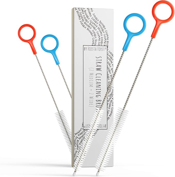 Heavy Duty Cleaning Brushes Set of 4 - Extra Long Straw Cleaners for Metal and Plastic Reusable Drinking Straws, to Clean Small Spaces, Sippy Cups, Water Bottles - Sturdy Hard Brush Bristles