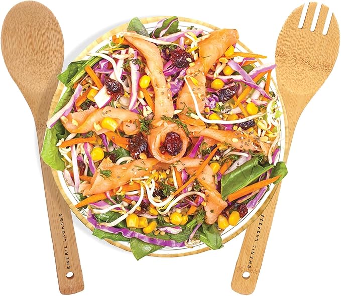 Emeril Lagasse 3-Piece Bamboo Salad Bowl Set with Utensils, 10-Inch Bowl, Eco-Friendly and Durable