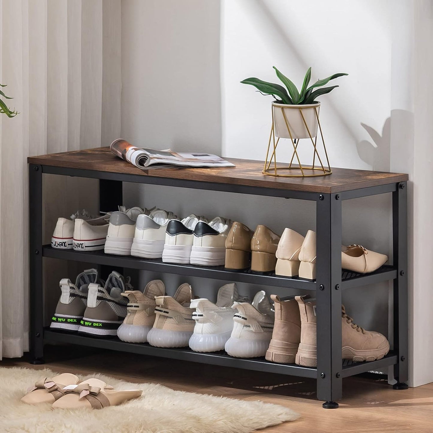 Apicizon Shoe Rack, 35.5 Inches 3-Tier Shoe Rack for Entryway with Long Seat and Metal Shelves for Garage, Industrial Storage Bench with Steel Structure for Living Room, Bedroom, Mudroom, Rustic Brown