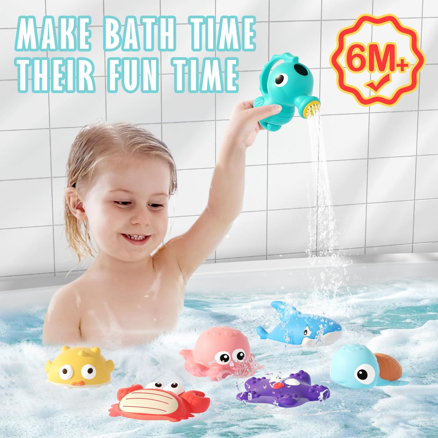 Mold Free Baby Bath Toys for Toddlers 1-3, No Hole Ocean Animal Bathtub Set with Mesh Organizer, Sensory Water Play for Infants 6-12 Months
