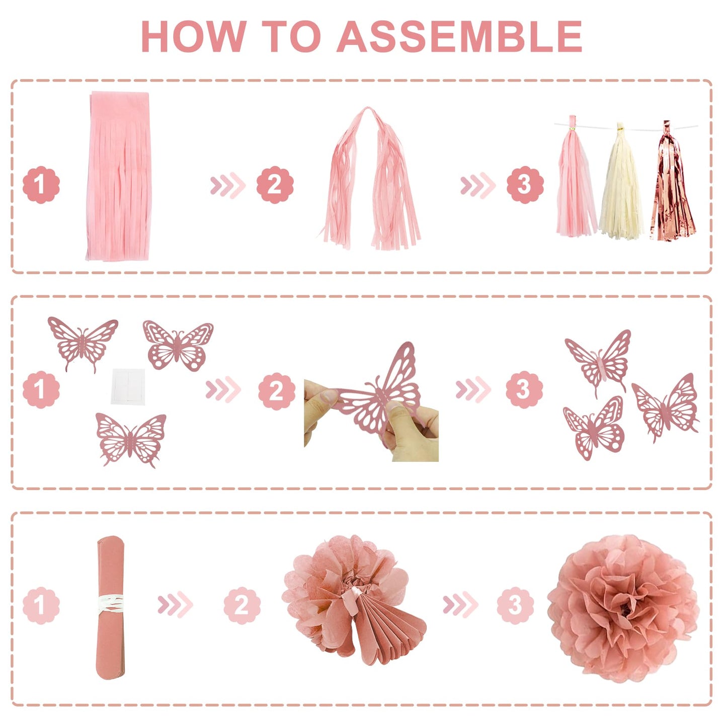 Pink Birthday Party Decorations, Dusty Pink Sand Confetti Rose Gold Balloons Happy Birthday Banner Fringe Curtains Butterfly Hanging Swirls Circle Dots Tassels Pompoms for Women Girls Party Supplies