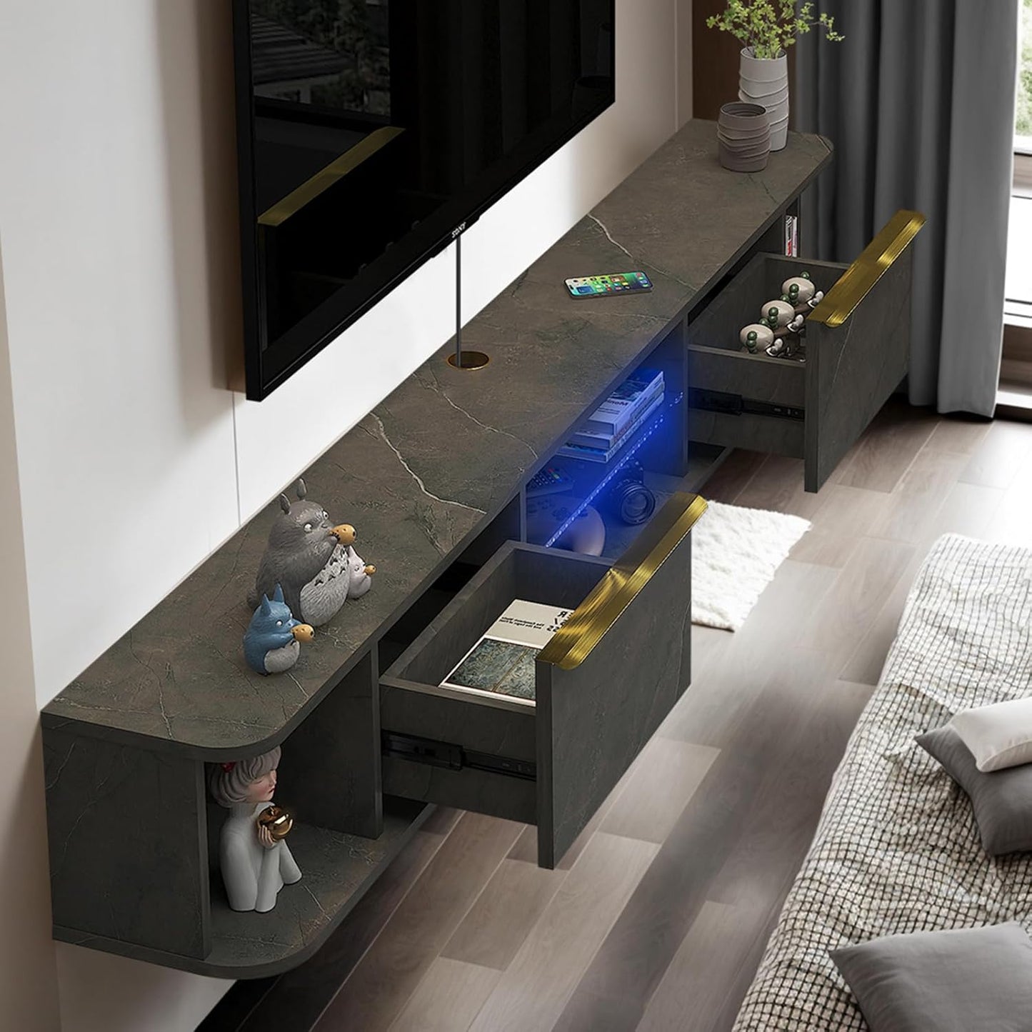 Pmnianhua LED Floating TV Stand with 2 Drawers for 80 inch TV,78'' Floating TV Shelf with LED Lights,Wall Mounted TV Console,Floating Shelf for Under TV (Dark Grey)