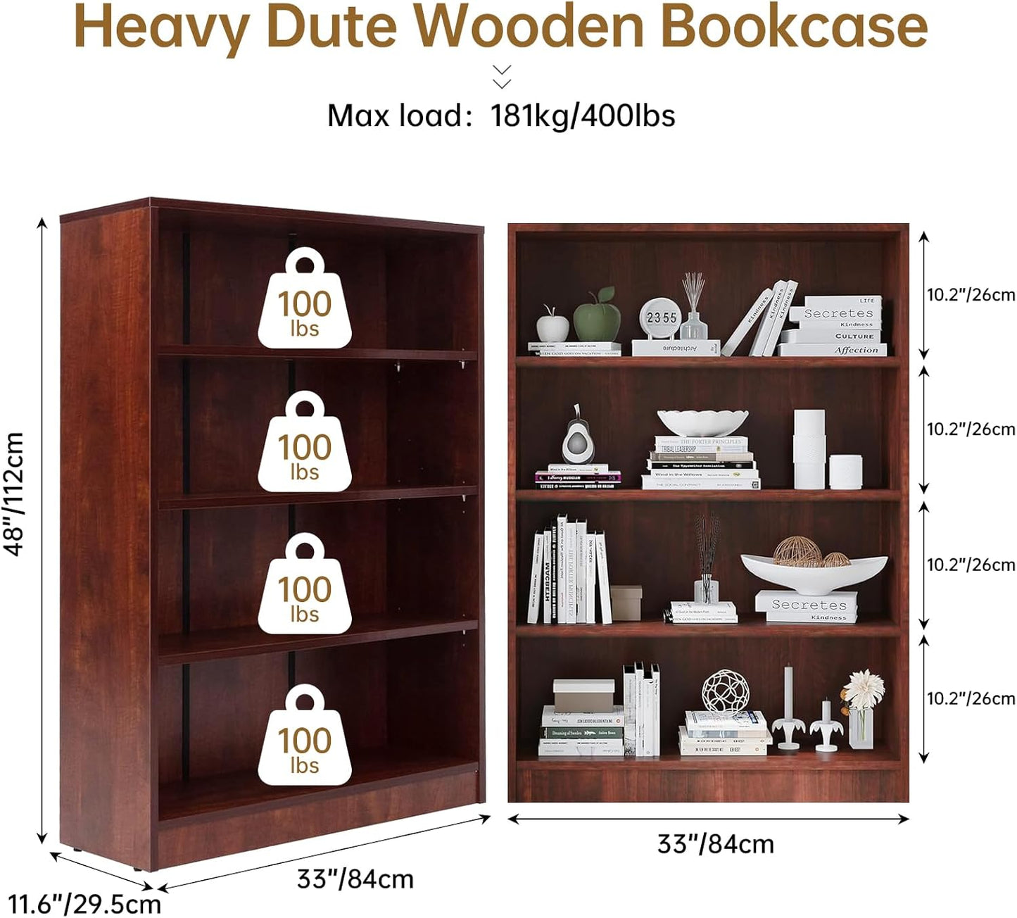 Wooden Bookcase with Adjustable Shelves, 4 Tier Wooden Bookshelf for Small Spaces, Office or Living Room, Modern Bookshelves Storage Rack, Manga Display Shelf,48 Inch,Cherry