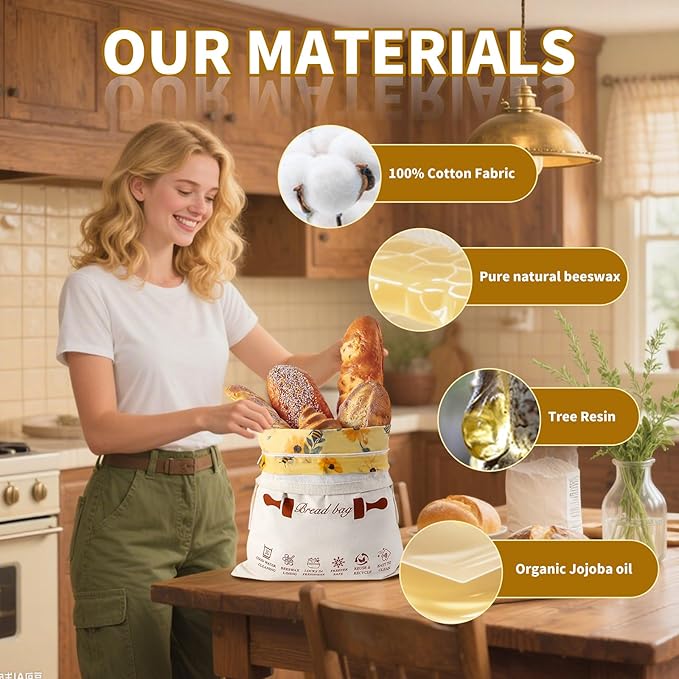 Beeswax Bread Bags with Zipper for Homemade Bread & Sourdough, Reusable Natural Cotton Lined Storage with Easy-Clean Detachable Design, Freezer Safe Freshness Bag