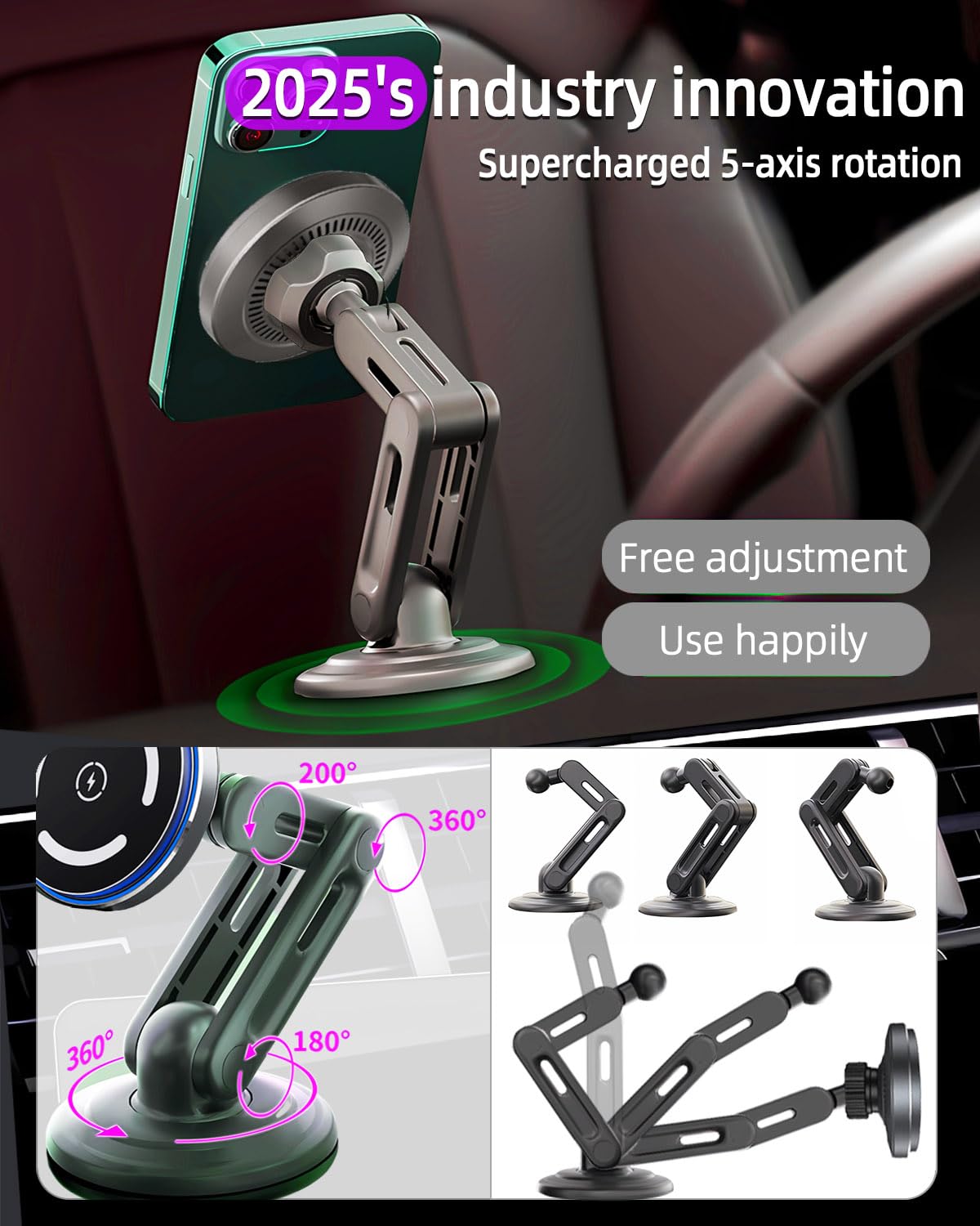 Wckesi Qi2 15W For Magsafe Car Mount Charger, Led Ambient Light, Retractable With Long Arm & 360Rotation, Dash Magnetic Wireless
