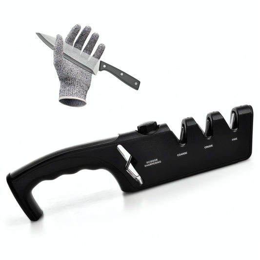 5-Angle Adjustable 10-35 Degree Professional 4-Stage Knife Sharpener, with Cut-Resistant Glove, with Scissors Grinding Slot - Multi-Purpose Precision Tool for Kitchen, Home, Outdoors (Black)