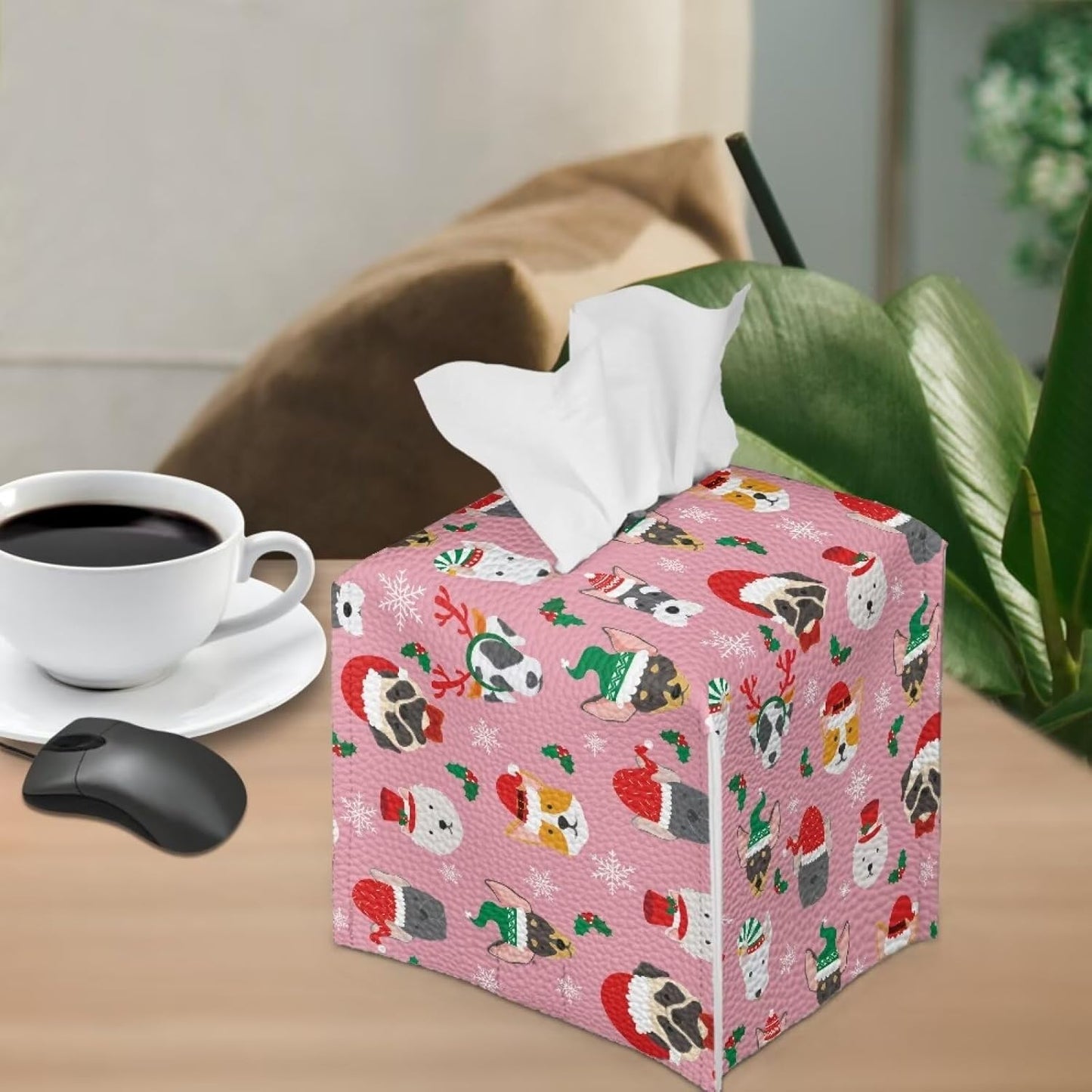 Pink Christmas Tissue Box Cover Funny Animal Print Soft Leather Tissue Cover Square Home Office Holiday Decorative Tissue Box Holder Organizer for Desk Bathroom Vanity Countertop